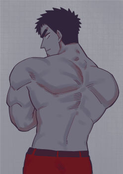 1boy absurdres back back_focus bara bare_back belt black_eyes black_hair commentary facial_hair from_behind highres looking_at_viewer looking_back male_focus manly muscular muscular_male pants red_pants senpai_ga_uzai_kouhai_no_hanashi shiromanta short_hair shoulder_blades stubble takeda_harumi thick_eyebrows topless_male trapezius