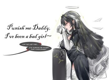 1girl absurdres anger_vein arknights artist_name black_dress blush breasts closed_eyes closed_mouth commentary crack detached_wings dr.kim dress elbow_gloves energy_wings english_commentary english_text from_side gloves halo highres holding large_breasts nun own_hands_clasped own_hands_together pelvic_curtain praying_sankta_nun_(arknights) simple_background solo sparkle speech_bubble spoken_anger_vein thighhighs traditional_halo veil white_background white_gloves white_thighhighs wings