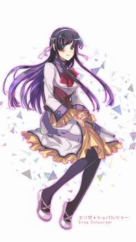 1girl aqua_eyes ascot bad_id bad_pixiv_id black_hair black_pantyhose character_name dress eiyuu_densetsu elise_schwarzer falcom female_focus full_body highres kkaiju long_hair pantyhose sen_no_kiseki_(series) sen_no_kiseki_i shoes sidelocks sitting solo white_dress