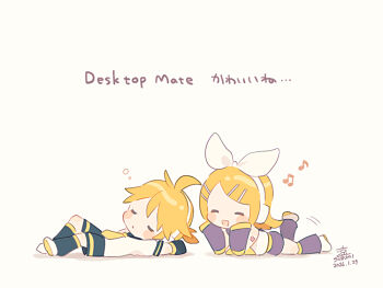 1boy 1girl :d arm_warmers black_arm_warmers black_leg_warmers black_shorts blonde_hair blush_stickers brother_and_sister chibi chibi_only closed_eyes commentary_request dated desktop_mate double-parted_bangs full_body hair_ornament hair_ribbon hairclip headphones kagamine_len kagamine_rin leg_up leg_warmers lying musical_note on_back on_stomach open_mouth parallel_hairclips parted_bangs ribbon shirt shoes short_hair short_sleeves shorts siblings signature simple_background smile squeans suzumi_(fallxalice) translation_request twins vocaloid white_background white_ribbon white_shirt white_shoes