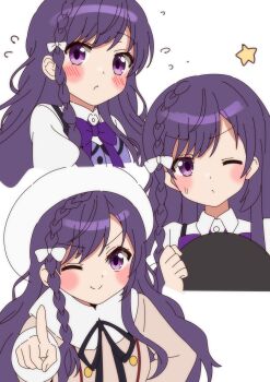 Rule 34 | 1girl, absurdres, beret, blush, bow, bowtie, braid, brown jacket, closed mouth, commentary request, cropped torso, flying sweatdrops, gochuumon wa usagi desu ka?, hair bow, hat, highres, holding, holding tray, jacket, long hair, looking at viewer, multiple views, one eye closed, pointing, pointing at viewer, purple bow, purple bowtie, purple eyes, purple vest, rabbit house uniform, simple background, sinakyo, single braid, star (symbol), tedeza rize, tray, v-shaped eyebrows, vest, white background, white bow, white hat