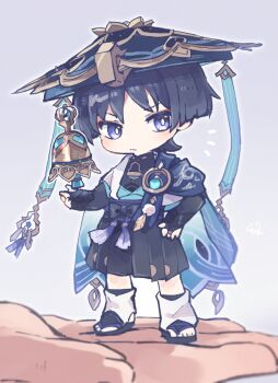 1boy anemo_symbol_(genshin_impact) armor arms_at_sides belt black_belt black_bodysuit black_bow black_bridal_gauntlets black_hair black_sandals black_shorts blue_cape blue_gem blue_hat blue_kimono blue_sleeves blunt_ends bodysuit bow bridal_gauntlets bright_pupils cape chibi choppy_bangs closed_mouth commentary_request eyeliner feathers full_body furisode gem genshin_impact gold gold_belt gold_ring grey_background gurumin_(gurruguru) hakama hakama_shorts hand_on_own_hip hat heart japanese_armor japanese_clothes jingasa juban kimono kote kurokote layered_sleeves leg_warmers looking_at_viewer makeup male_focus mandarin_collar middle_ring mini_person miniboy notice_lines open_clothes open_hand open_kimono person_on_hand pleated_shorts pom_pom_(clothes) purple_eyes purple_rope purple_sash red_eyeliner rope sandals sash scaramouche_(genshin_impact) short_sleeves shorts solo stirrup_legwear tassel toeless_legwear toes tulaytullah's_remembrance_(genshin_impact) wanderer_(genshin_impact) white_kimono white_leg_warmers white_pupils white_sleeves white_trim yellow_feathers zouri