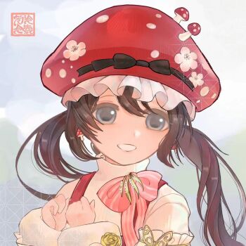 1girl artist_name black_bow blue_sky bow bowtie brown_hair cherry_blossoms chinese_commentary clenched_hands cloud commentary_request day flower frilled_garter frilled_headwear fur-trimmed_sleeves fur_trim grey_eyes grin hair_between_eyes haochi_aichi happy hat hat_bow hat_flower hat_ornament infinity_nikki long_hair low_twintails mountainous_horizon mushroom_earrings mushroom_hat mushroom_hat_ornament nikki_(series) outdoors pink_bow pink_bowtie pink_flower red_hat rose sample_watermark shirt sky sleeve_garter smile solo striped_bow striped_bowtie striped_clothes stylist_(nikki) suspenders turtleneck turtleneck_shirt twintails upper_body very_long_hair watermark white_shirt yellow_flower yellow_rose
