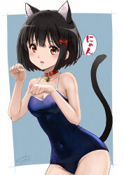 Rule 34 | 1girl, animal collar, animal ear fluff, animal ears, bare arms, bare shoulders, bell, black hair, blue background, blue one-piece swimsuit, blush, border, bow, breasts, cat ears, cat girl, cat tail, cleavage, collar, commentary request, covered navel, groin, hair bow, hibike! euphonium, highres, hisaishi kanade, jingle bell, kemonomimi mode, looking at viewer, medium breasts, neck bell, old school swimsuit, one-piece swimsuit, outside border, parted lips, paw pose, red collar, red eyes, school swimsuit, short hair, signature, solo, speech bubble, swimsuit, tail, tail raised, telaform, translation request, white border