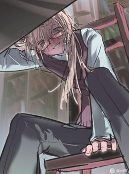 1boy blush bookshelf chair degrees_of_lewdity glasses ladder necktie pov sydney_(degrees_of_lewdity) sydney_(male)_(degrees_of_lewdity)