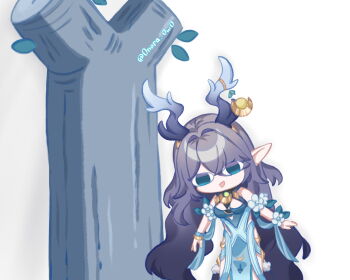 1girl antler_ornament antlers arms_at_sides bare_shoulders blue_dress blue_eyes breasts clothing_cutout commentary cowboy_shot deer_antlers deer_girl dress english_commentary flower genshin_impact gold grey_hair hair_intakes hair_over_one_eye highres hip_vent horns lauma_(genshin_impact) leaf leaning_to_the_side long_hair looking_at_viewer medium_breasts onora_owo open_mouth pointy_ears scene_reference shikanoko_nokonoko_koshitantan simple_background smile solo tree twitter_username very_long_hair white_background white_flower