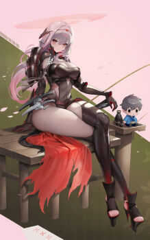 1girl armor armored_bodysuit black_bodysuit bodysuit breasts character_doll cleavage commander_(nikke) crossed_legs doll goddess_of_victory:_nikke grey_bodysuit grey_hair halo highres japanese_armor large_breasts light_blush long_hair official_alternate_costume orange_eyes parted_lips scarlet_(black_shadow)_(nikke) scarlet_(nikke) see-through_cleavage see-through_clothes shoulder_armor sitting skin_tight sode solo thighs yuen