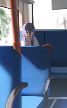 1girl blush bus_interior closed_mouth commentary_request hayakawa_sena_(pei_iriya) highres long_sleeves original pei_iriya purple_eyes purple_hair shirt twintails white_shirt
