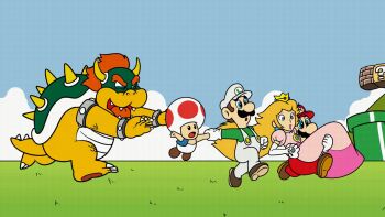 ?_block animated animated_gif blonde_hair blue_shirt blue_sky bowser brick_block brown_hair brown_shoes carrying carrying_person chasing crown dress en20silva facial_hair fangs grass green_shirt hat holding_hands horns industrial_pipe luigi mario mario_(series) mountain mushroom_on_head mustache nintendo orange_hair overalls pink_dress princess princess_peach red_hat red_overalls running shell shirt shoes size_difference sky spikes super_mario_bros._1 toad_(mario) turtle white_hat white_overalls