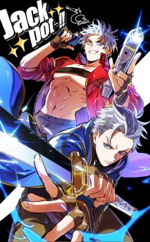 Rule 34 | baehee5502, black gloves, blue coat, blue eyes, coat, dante (devil may cry), devil may cry, devil may cry (series), devil may cry 3, ebony &amp; ivory, fingerless gloves, gloves, hair slicked back, hashtag-only commentary, highres, holding, holding weapon, jacket, looking at viewer, male focus, multiple boys, red coat, short hair, simple background, smile, sword, vergil (devil may cry), weapon, white hair, yamato (sword)