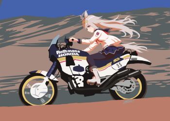 Rule 34 | 1girl, ahoge, animal ears, artist name, black pantyhose, blue eyes, blue skirt, boots, from side, fur-trimmed boots, fur trim, grey hair, hairband, highres, honda, horse ears, horse girl, long hair, long sleeves, motor vehicle, motorcycle, neckerchief, oguri cap (starlight beat) (umamusume), oguri cap (umamusume), on motorcycle, pantyhose, pleated skirt, red neckerchief, sailor collar, sailor shirt, shirt, skirt, solo, tomozo8674, umamusume, vehicle focus, white boots, white shirt