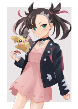 1girl absurdres asymmetrical_bangs backpack bag black_choker black_hair black_jacket black_nails blush border choker cowboy_shot dress earrings flat_chest gen_8_pokemon green_eyes hair_ribbon highres holding holding_poke_ball jacket jewelry looking_at_viewer marnie_(pokemon) morpeko morpeko_(full) nintendo on_shoulder pink_dress poke_ball poke_ball_(basic) pokemon pokemon_(creature) pokemon_on_shoulder pokemon_swsh ribbon stud_earrings tsukim7 twintails undercut white_border