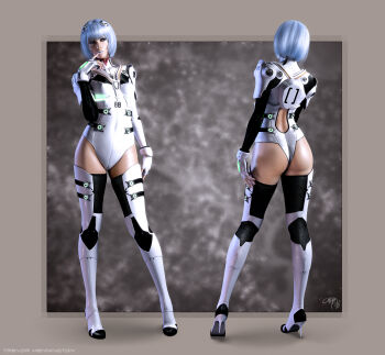 1girl 2010 3d absurdres adapted_costume arm_at_side artist_name ass ayanami_rei back back_cutout bad_cgsociety_id bad_id black_background blue_hair blue_lips boots border breasts clothing_cutout contrapposto dated eyeliner finger_to_mouth from_behind full_body gloves glowing hair_ornament hairpods hand_up headgear high_heel_boots high_heels highres interface_headset_(evangelion) leotard lips lipstick looking_to_the_side lukavi makeup mecha_pilot_suit multiple_views neon_genesis_evangelion neon_trim outside_border pilot_suit plugsuit_(evangelion) realistic red_eyes short_hair signature skin_tight skindentation small_breasts standing thigh_boots thighhighs turnaround turtleneck white_footwear white_leotard white_thighhighs