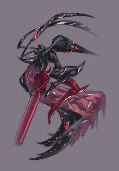 Rule 34 | abbadomon, abbadomon core, arm blade, arm cannon, black cape, black skin, cape, colored skin, confeito000 333, digimon, digimon (creature), extra eyes, extra mouth, full body, grey background, lance, multicolored skin, polearm, red cape, red eyes, red skin, sharp teeth, simple background, teeth, two-sided cape, two-sided fabric, two-tone skin, weapon