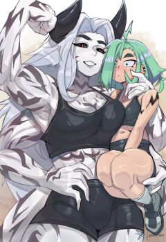 2girls abs ahoge armpits arms_up ass_grab black_sclera blush body_markings breast_press breasts cameltoe carrying character_request colored_sclera extra_arms facial_mark geistbox green_eyes green_hair hand_on_own_hip highres horns large_breasts long_hair monster_girl multiple_girls muscular muscular_female navel navel_piercing original pale_skin piercing red_eyes serious shoes shorts size_difference small_breasts smile sneakers sportswear tattoo vio_(geistbox) white_hair