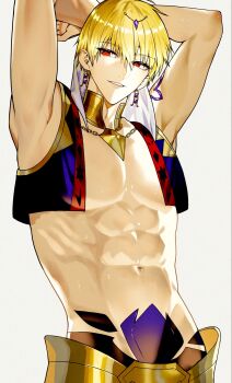 1boy abs armpits arms_behind_head arms_up blonde_hair cropped_jacket earrings fate/grand_order fate_(series) gilgamesh gilgamesh_(caster)_(fate) gilgamesh_(fate) gold_collar goryu_hant grey_background highres jacket jewelry looking_to_the_side male_focus necklace open_clothes open_jacket parted_lips presenting_armpit red_eyes short_hair sidelighting simple_background smile solo toned toned_male upper_body veil