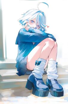 1girl black_shorts blue_bow blue_hair blue_skirt blver bow bow_legwear furina_(genshin_impact) genshin_impact hands_up heart heterochromia highres long_sleeves looking_at_viewer low_block_heels miniskirt new_year open_mouth school_uniform serafuku short_hair shorts sitting sitting_on_stairs skirt socks stairs thigh_focus white_socks