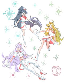 3girls ahoge anjerain black_hair blonde_hair boots closed_eyes closed_mouth commentary_request dress fang ganaha_hibiki garrison_cap gloves grey_hair hat highres hoshii_miki idolmaster idolmaster_(classic) long_hair multicolored_hair multiple_girls navel open_mouth pants ponytail shijou_takane shorts two-tone_hair voy@ger_(idolmaster) white_background white_boots white_dress white_gloves white_hat white_pants white_shorts