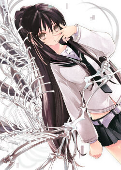 1girl belt black_hair bone commentary_request expressionless grey_eyes long_hair looking_at_viewer original ponytail skirt solo sumi_keiichi v very_long_hair