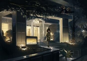 1girl absurdres bird boots brown_eyes brown_hair building closed_mouth commentary_request dog door eyelashes full_body gen_1_pokemon gen_2_pokemon gen_5_pokemon gloria_(pokemon) grass green_hat grey_jacket hat herdier highres jacket king_joe_(neoroto) lapras long_sleeves murkrow night nintendo open_mouth outdoors pokemon pokemon_(creature) pokemon_swsh pom_pom_(clothes) shoelaces short_hair sign smile stairs tam_o&#039;_shanter tree walking water window