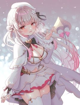 Rule 34 | 1girl, absurdres, beret, black bow, blush, bow, breasts, capelet, cleavage, clothing cutout, commentary, demon horns, demon tail, flower, garter straps, gradient hair, hair bow, hair flower, hair intakes, hair ornament, hat, highres, horns, indie virtual youtuber, long sleeves, multicolored hair, navel, navel cutout, orange eyes, pink hair, puffy long sleeves, puffy sleeves, shirt, single garter strap, suou patra, suou patra (10th costume), symbol-only commentary, tail, thighhighs, tt chicca, virtual youtuber, white capelet, white hair, white hat, white shirt, white sleeves, white thighhighs