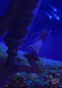 1boy 1girl absurdres aerith_gainsborough baggy_pants bangle black_boots black_pants boots bracelet braid braided_ponytail brown_hair cloud_strife commentary cropped_jacket dress english_commentary final_fantasy final_fantasy_vii final_fantasy_vii_rebirth final_fantasy_vii_remake flower grass hair_ribbon highres jacket jewelry long_dress long_hair meteor_shower night night_sky open_mouth outdoors pants parted_bangs pink_dress pointing red_jacket ribbon robboyu sidelocks single_braid sky smile white_flower yellow_flower