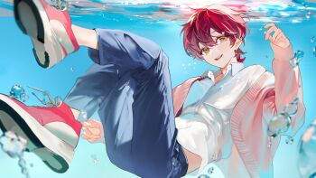 1boy air_bubble bubble cardigan collared_shirt commentary_request denim full_body highres indie_utaite looking_at_viewer male_focus nxmly open_mouth pink_cardigan red_hair red_shoes shirt shoes short_hair smile sneakers submerged teeth underwear white_shirt yellow_eyes