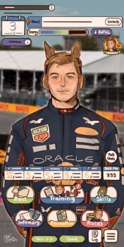 1boy animal_ears blue_eyes blurry blurry_background brown_hair closed_mouth depth_of_field ear_covers facial_hair highres horse_ears looking_at_viewer male_focus max_verstappen mello_(fellow) mustache_stubble parody pun real_life short_hair signature solo stubble umamusume upper_body user_interface