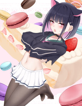 1girl absurdres animal_ears black_choker black_hair black_hoodie black_pantyhose blue_archive blunt_bangs blunt_ends blush bob_cut cake cake_slice cat_choker cat_ears cat_girl choker clothes_lift colored_inner_animal_ears colored_inner_hair commentary_request crossed_arms dutch_angle extra_ears eyelashes eyes_visible_through_hair fang food food-themed_background green_sailor_collar hair_behind_ear hair_ornament hairclip halo hands_up highres hood hood_down hoodie hoodie_lift kazusa_(blue_archive) knees_out_of_frame lifting_own_clothes long_sleeves looking_at_viewer macaron medium_hair miniskirt mokomoko_system multicolored_hair navel no_shoes open_mouth pantyhose pink_hair pink_halo pleated_skirt red_eyes sailor_collar school_uniform serafuku skin_fang skirt solo stomach sweatdrop trinity_general_school_logo tsurime two-tone_hair undressing v-shaped_eyebrows white_skirt