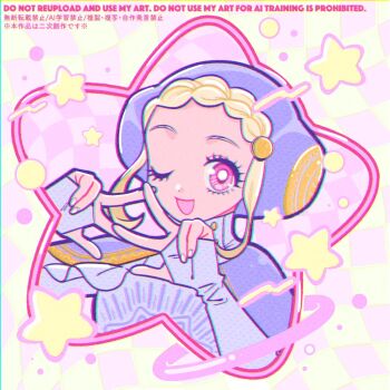 1girl arms_up blonde_hair blue_hat blue_shirt braid cape checkered_background commentary_request crown_braid eyelashes hat ingrid_(capcom) long_sleeves looking_at_viewer motozaki_mio one_eye_closed open_mouth pink_eyes shirt side_cape smile star_(symbol) street_fighter street_fighter_6 three-finger_salute watermark