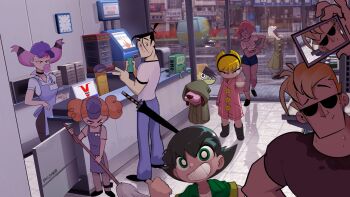 5girls adventure_time alternate_costume angry apron artist_collaboration artist_name black_eyes black_hair bleedman blonde_hair bmo boots box breasts bright_pupils broom buttercup_(ppg) can cartoon_network cellphone censored censored_gesture chewing_gum clock closed_eyes colored_skin courage_(character) courage_the_cowardly_dog crossover dc_comics denim dog ear_piercing ed_(ed_edd_n_eddy) ed_edd_n_eddy floral_print food foster&#039;s_home_for_imaginary_friends frankie_foster green_eyes green_skin highres hood indoors jacket jeans jinx_(dc) johnny_bravo johnny_bravo_(series) lil&#039;_arturo mandy_(grim_adventures) medium_breasts middle_finger mosaic_censoring motor_vehicle multiple_girls mystery_machine one_eye_covered open_mouth orange_hair pants philtomato phone piercing pink_hair plank_(ed_edd_n_eddy) pointing powerpuff_girls princess_morbucks rain rubber_boots samurai_jack samurai_jack_(character) scooby-doo selfie shoes shop shorts smile socks sunglasses teen_titans teeth the_grim_adventures_of_billy_&amp;_mandy tongue tongue_out umbrella v wet wet_clothes white_pupils white_socks