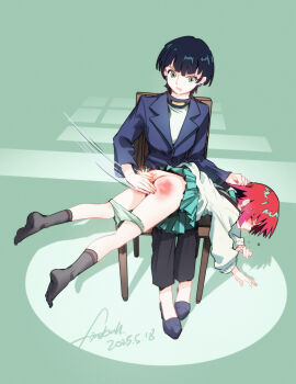 2girls absurdres age_difference amate_yuzuriha ass black_hair black_socks chair clothes_lift crying fireball_666 gundam gundam_gquuuuuux highres humiliation mother_and_daughter multiple_girls office_lady onee-loli over_the_knee pain panties panty_pull red_hair school_uniform short_hair sitting skirt skirt_lift socks spanked spanking tamaki_yuzuriha underwear