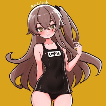 1girl breasts brown_hair commentary girls'_frontline girls'_frontline_2:_exilium hair_tie leva_(girls'_frontline_2) light_smile long_hair looking_at_viewer papacat scar scar_across_eye scar_on_face school_swimsuit side_ponytail small_breasts swimsuit ump45_(girls'_frontline) yellow_background yellow_eyes
