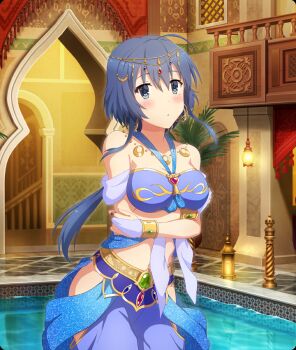 1girl :o arabian_clothes balcony bandeau bare_shoulders blue_eyes blue_hair blush breasts brooch circlet cleavage clothing_cutout cowboy_shot crossed_arms dot_nose game_cg gem gold_bracer green_gemstone harem_outfit harem_pants hip_vent indoors jewelry large_breasts long_hair looking_at_viewer low_ponytail middle_eastern_architecture midriff mole mole_under_eye navel official_art pants parted_lips ponytail pool purple_bandeau purple_pants railing setouchi_chie sidelocks solo third-party_source toji_no_miko toji_no_miko:_kizamishi_issen_no_tomoshibi