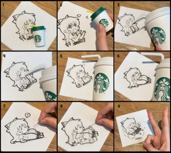 1girl ? chibi coffee cup deflation disposable_coffee_cup disposable_cup drawing drinking fat fat_woman fujiwara_no_mokou hands_on_own_face highres inflation jokanhiyou napkin needle pants photo_(medium) puddle sketch starbucks starbucks_siren tagme touhou unconventional_media v what