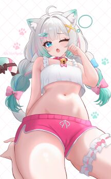 Rule 34 | 1girl, absurdres, aki hoshino, animal collar, animal ear fluff, animal ears, aqua hair, artist name, bell, blue eyes, bow, braid, breasts, cameltoe, cat ears, cat girl, cat tail, collar, crop top, dolphin shorts, gradient hair, grey hair, hair bow, hair ornament, hairclip, highres, indie virtual youtuber, long hair, micro shorts, mint fantome, mint fantome (otaku), multicolored hair, navel, neck bell, one eye closed, pink bow, pink shorts, shirt, shorts, small breasts, solo, tail, twin braids, virtual youtuber, white shirt