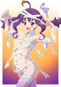 1girl :d absurdres ahoge armpits bandages breasts covered_erect_nipples fang fingernails gradient_background hair_ornament halloween highres jack-o&#039;-lantern jack-o&#039;-lantern_hair_ornament kazuma_muramasa kimi_to_idol_precure looking_at_viewer medium_hair mummy_costume naked_bandage open_mouth orange_background precure purple_background purple_eyes shigure_kokoro signature small_breasts smile solo standing twintails