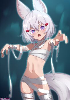 1girl :o absurdres animal_ears bandaged_arm bandaged_chest bandaged_leg bandages chenki_(chenki) fang fox_ears fox_girl fox_tail halloween_costume highres looking_at_viewer naked_bandage navel open_mouth outstretched_arms phase_connect purple_eyes short_hair stomach tail tenma_maemi v-shaped_eyebrows virtual_youtuber white_hair zombie_pose
