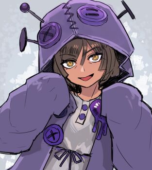 1girl bow brown_eyes brown_hair commentary_request dark-skinned_female dark_skin e.g.o_(project_moon) grey_background hood hood_up i'll_go_fer_scissors._how_'bout_you?_(e.g.o) large_buttons limbus_company looking_at_viewer mikabata_lc open_mouth outis_(project_moon) project_moon purple_bow purple_hood simple_background sleeves_past_fingers sleeves_past_wrists smile solo upper_body