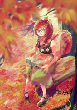 Rule 34 | 1girl, :o, absurdres, animal crossing, animal ears, artist name, autumn leaves, black footwear, blurry, blurry foreground, book, braid, brown eyes, floral print, glasses, highres, leaf, nintendo, open book, outdoors, personification, poppy (animal crossing), short sleeves, sitting, skirt, tree, youcing
