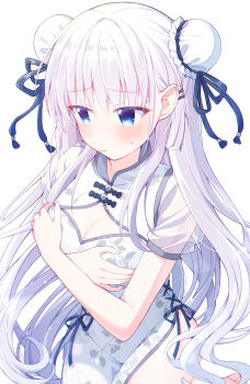 1girl alternate_costume alternate_hairstyle averting_eyes blue_eyes blue_ribbon blush breasts bun_cover cleavage cleavage_cutout closed_mouth clothing_cutout commentary_request covering_breasts covering_privates cowboy_shot crossed_arms double_bun dress embarrassed eyes_visible_through_hair floating_hair floral_print floral_print_dress frown furrowed_brow hair_behind_ear hair_between_eyes hair_bun hair_ornament hair_ribbon hairclip highres large_breasts long_hair looking_to_the_side naruse_shiroha parallel_hairclips print_dress ribbon short_sleeves side_slit sidelocks simple_background solo summer_pockets sweatdrop very_long_hair white_background white_dress white_hair xdjf63qbpt0iqmj