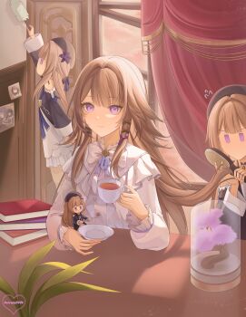 1girl absurdres artist_name baccapy0806 beret black_hat black_jacket book bow brown_hair brushing_hair commentary cup dress english_commentary hat herta_(honkai:_star_rail) herta_(puppet)_(honkai:_star_rail) highres holding holding_brush holding_cup honkai:_star_rail honkai_(series) indoors jacket long_hair long_sleeves looking_at_viewer pajamas puppet purple_eyes ruan_mei_(honkai:_star_rail) smile tea teacup the_herta_(honkai:_star_rail) white_bow white_dress white_pajamas