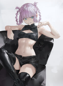 Rule 34 | 1girl, absurdres, aqua eyes, armpits, black boots, black nails, black shorts, black tank top, boots, braid, braided hair rings, breasts, cleavage cutout, clothing cutout, commentary, crop top, darr1o, facing viewer, figure four sitting, grin, hair rings, hand on own shoulder, highres, nanakusa nazuna (yofukashi no uta), navel, open fly, purple hair, shorts, sideways glance, simple background, sitting, sleeveless, sleeveless turtleneck, small breasts, smile, solo, tank top, thigh boots, turtleneck, white background, yofukashi no uta