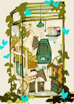 1girl blue_butterfly book boots brown_boots bug butterfly commentary_request full_body green_eyes green_skirt grey_hair grey_shirt holding holding_phone insect komeiji_koishi light_bulb looking_at_viewer medium_hair one-hour_drawing_challenge open_mouth phone phone_booth plant shinjitsu_no_kuchi shirt skirt smile solo standing standing_on_one_leg touhou vines