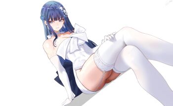 1girl absurdres ass bent_over blue_archive blue_eyes blue_hair blush breasts cameltoe closed_mouth colored_inner_hair commentary dress elbow_gloves english_commentary feet_out_of_frame from_below gloves highres holster kneepits knife_sheath large_breasts long_hair looking_at_viewer multicolored_hair official_alternate_costume official_alternate_hairstyle panties partially_visible_vulva ponytail santosbng saori_(blue_archive) sheath side_slit simple_background solo standing thigh_holster thigh_strap thighs underwear white_background white_dress white_gloves white_panties