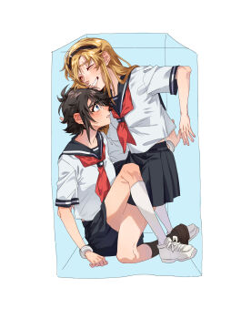 2girls black_hair black_hairband black_sailor_collar black_skirt black_socks blonde_hair blue_eyes blush bracelet brown_shoes chinese_commentary closed_eyes commentary glasses hairband heart-shift_bracelets highres jewelry jiguang_haibao kneehighs koishikawa_iko long_hair momijiyama_teru multiple_girls neckerchief nervous_sweating parted_lips pleated_skirt red_neckerchief sailor_collar school_uniform serafuku shirt shoes short_hair shy_(series) simple_background skirt sneakers socks stuck_in_a_box sweat sweatdrop white_background white_shirt white_shoes white_socks yuri