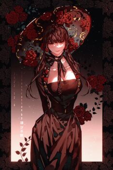 1girl arms_behind_back black_border black_dress black_hair black_hat black_ribbon border breasts chaoxibumian cleavage cowboy_shot dated dress flower hair_between_eyes hat hat_flower highres large_breasts light_blush light_smile long_dress long_hair neck_ribbon red_eyes red_flower red_rose ribbon rose sidelocks solo spy_x_family wide_brim yor_briar