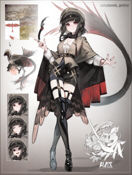 1girl absurdres belt black_hair blood blood_on_face boots crazy_eyes crazy_smile crossed_legs dinosaur_tail earrings empty_eyes multiple_expressions feather_earrings feathered_dinosaur feathers garter_straps hat highres jewelry knife looking_at_viewer nail_polish original pencil_skirt red_eyes reference_inset ribiadan scarf skirt smile solo standing tail thigh_boots watson_cross