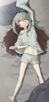 Rule 34 | 1girl, absurdres, animal ears, barefoot, blanket, closed eyes, commentary, english commentary, grey hair, grey shirt, hair between eyes, highres, hot, k hottok, lying, multicolored hair, navel, no mouth, on back, on bed, original, pillow, red hair, shirt, short shorts, shorts, single bare shoulder, sleeves past fingers, sleeves past wrists, solo, stained clothes, stomach, sweat, two-tone hair