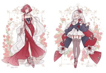 2girls arm_cuffs armband ascot bare_shoulders black_bow black_shirt blue_eyes bow breasts cape cleavage collage detached_collar double-parted_bangs dress embroidery eyeliner eyeshadow fashion floral_background flower frilled_dress frills full_body garter_straps gem_on_head grey_thighhighs hair_ornament high_heels large_breasts lemon89h long_dress long_hair looking_at_viewer makeup multiple_girls original parted_bangs pink_eyeliner puckered_lips red_cape red_dress red_eyeliner red_eyes red_eyeshadow red_flower red_hair red_lips red_nails red_rose red_shoes red_tulip rose scar scar_on_face shawl shirt shoes sidelocks standing thighhighs tulip very_long_hair white_ascot white_dress white_hair white_shawl